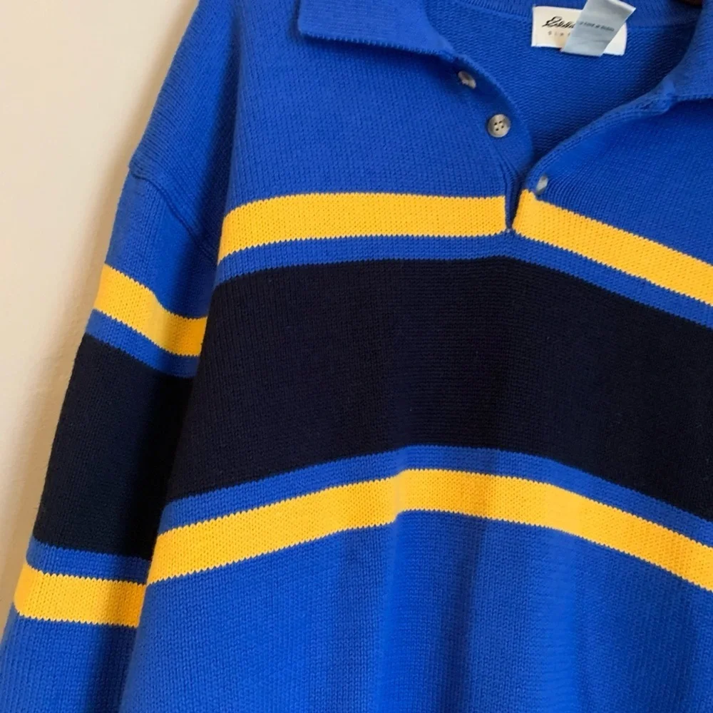 Vtg Eddie Bauer Sweater Men Blue Yellow Polo Preppy Coastal Country Club 90’s - Picture 2 of 8